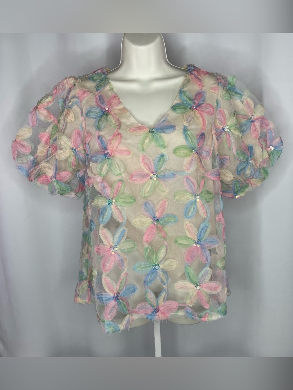 NWT Umgee Pastel 3D Floral Applique Sequin Sheer Mesh Blouse M